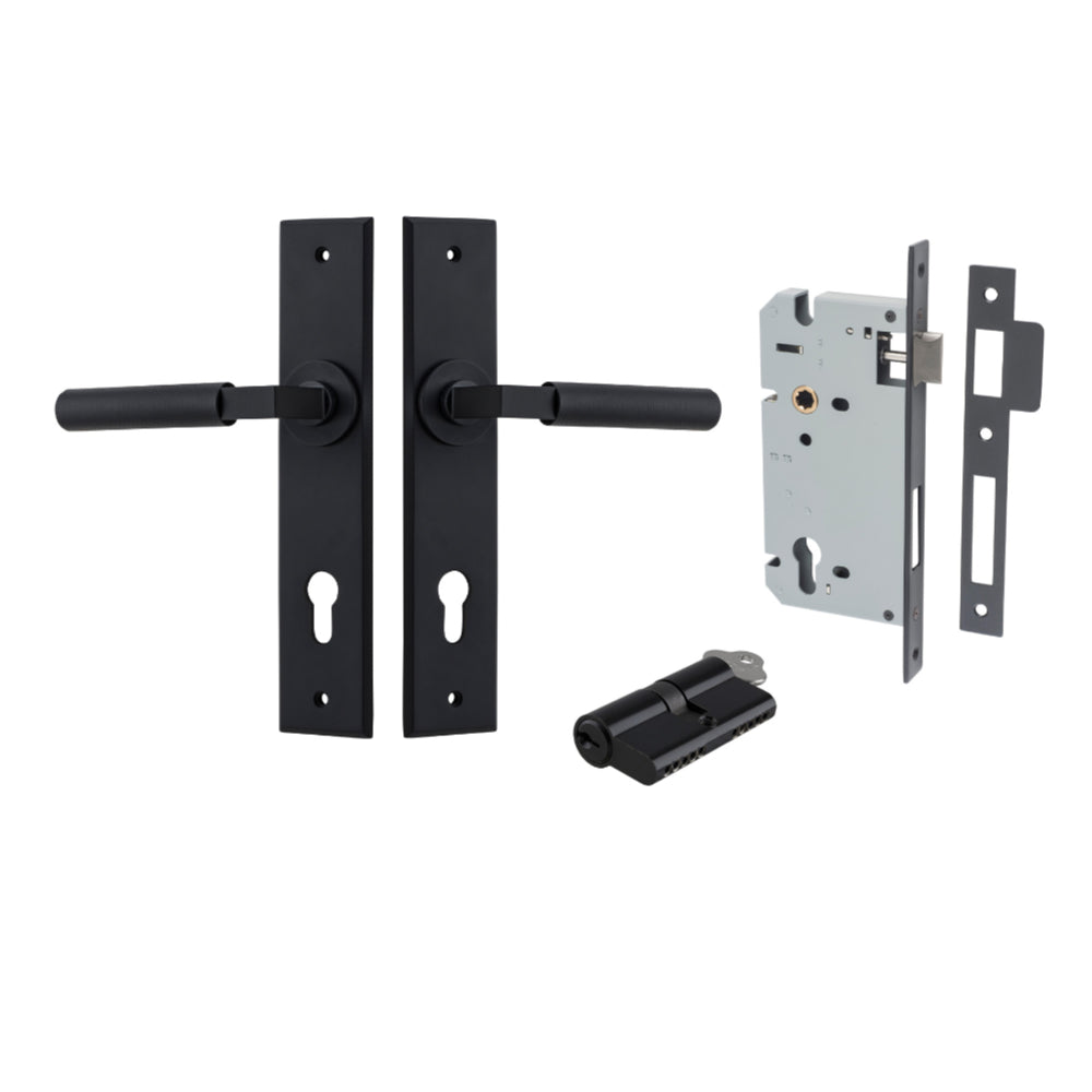 Door Lever Brunswick Chamfered Euro Pair Matt Black CTC85mm L120xP59mm BPH240xW50mm Mortice Lock Euro Matt Black CTC85mm Backset 60mm, Euro Cylinder Dual Function 5 Pin Matt Black 65mm KA4 in Matt Black