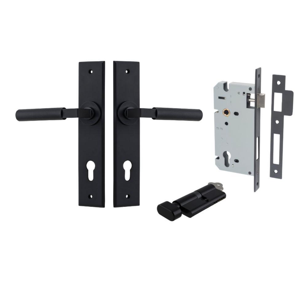 Door Lever Brunswick Chamfered Euro Pair Matt Black CTC85mm L120xP59mm BPH240xW50mm Mortice Lock Euro Matt Black CTC85mm Backset 60mm, Euro Cylinder Key Thumb 5 Pin Matt Black 65mm KA4 in Matt Black