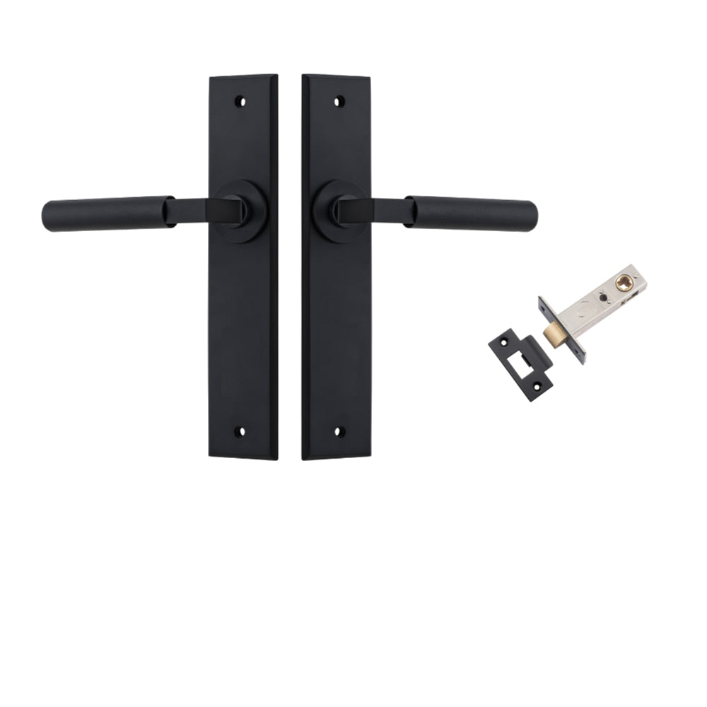 Door Lever Brunswick Knurled Chamfered Matt Black L120xP59mm BPH240xW50mm Passage Kit Tube Latch Split Cam 'T' Striker Matt Black Backset 60mm in Matt Black