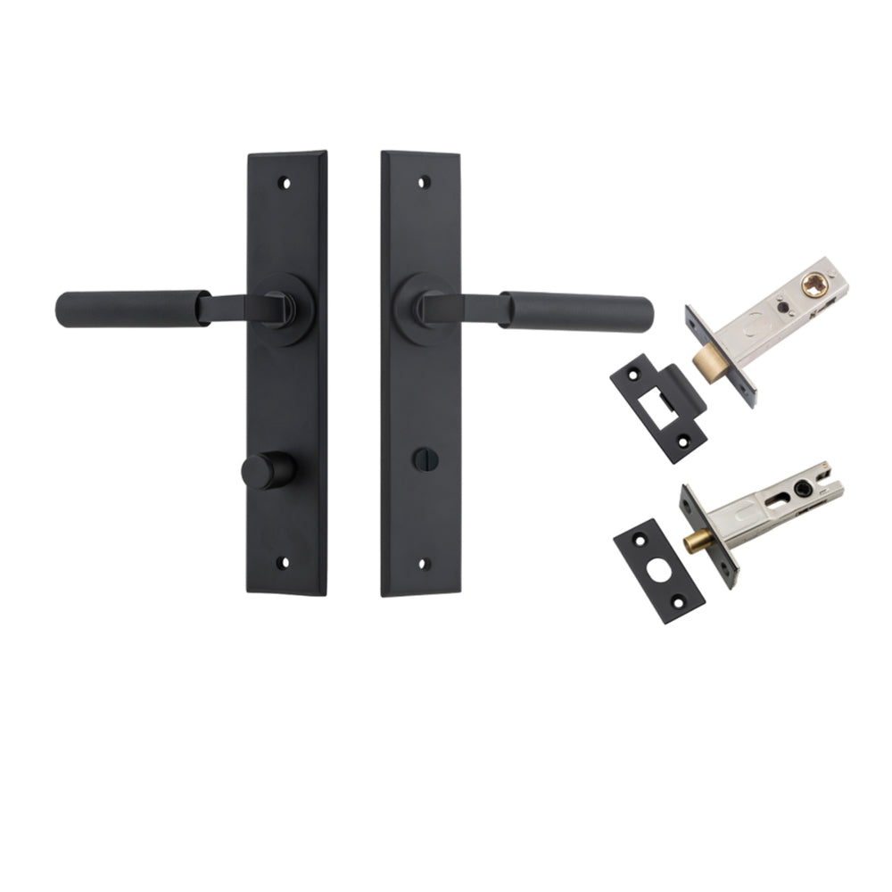 Door Lever Brunswick Chamfered Privacy Matt Black CTC85mm L120xP59mm BPH240xW50mm Privacy Kit Tube Latch Split Cam 'T' Striker Matt Black Backset 60mm, Privacy Bolt Round Bolt Matt Black Backset 60mm in Matt Black