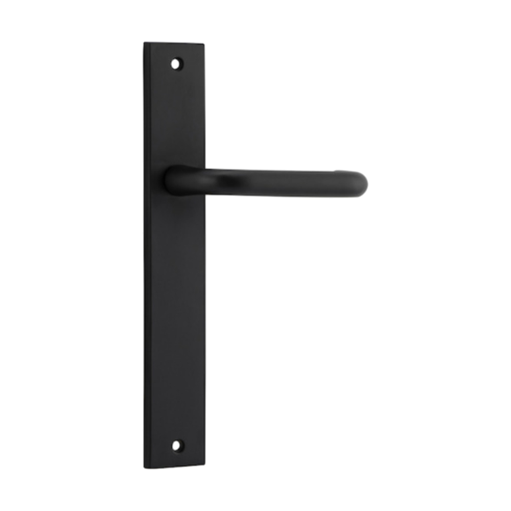 Pair of Iver Oslo Lever handles on rectangular backplates, architectural hardware for doors, with a sleek, modern design.