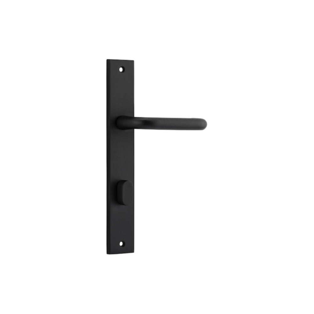Door Lever Oslo Return Rectangular Privacy Matt Black CTC85mm L118xP56mm BPH240xW50mm Privacy Kit, Tube Latch Split Cam 'T' Striker Matt Black Backset 60mm, Privacy Bolt Round Bolt Matt Black Backset 60mm in Matt Black