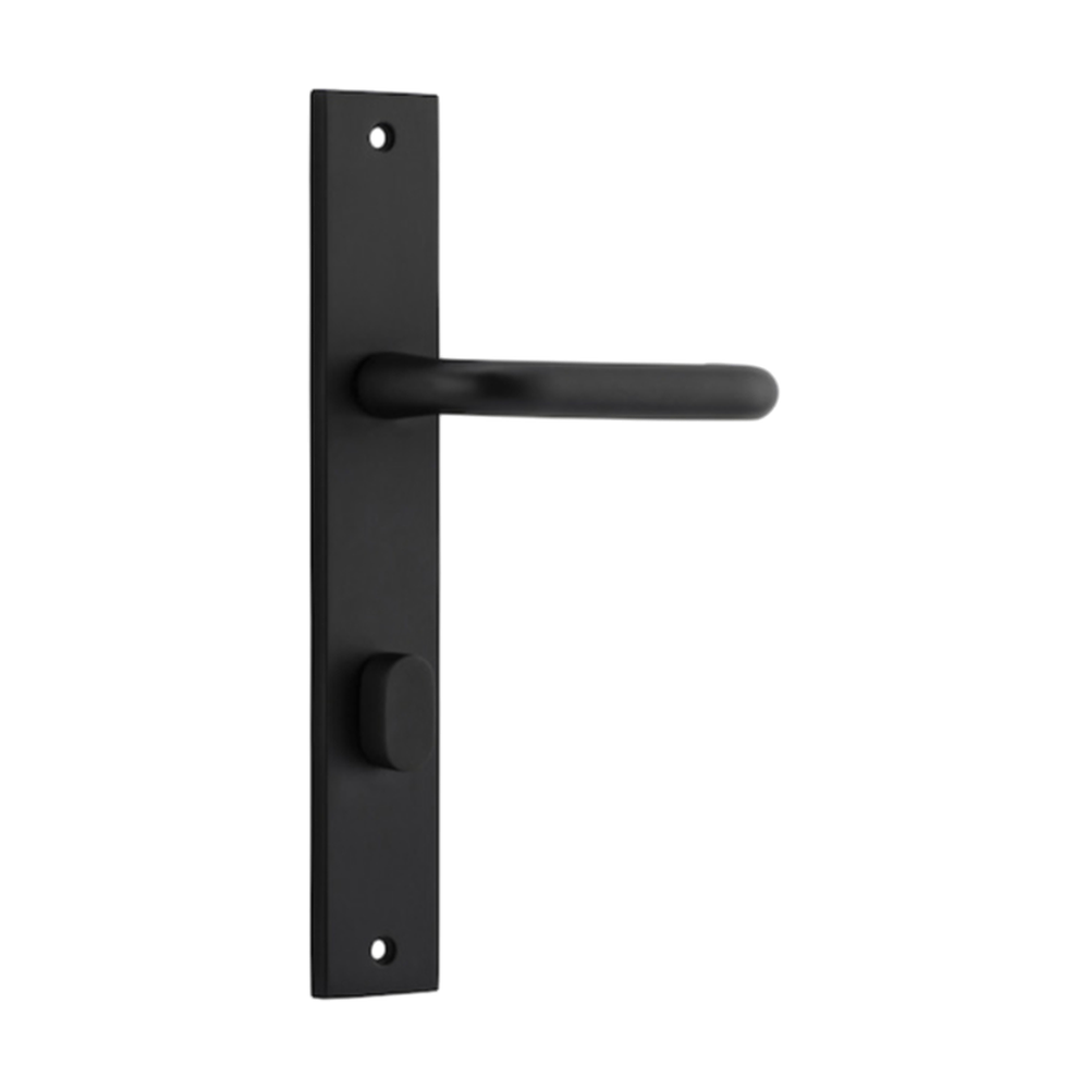 Pair of Iver Oslo Lever handles on rectangular backplates, decorative architectural hardware for doors, in a sleek modern design.