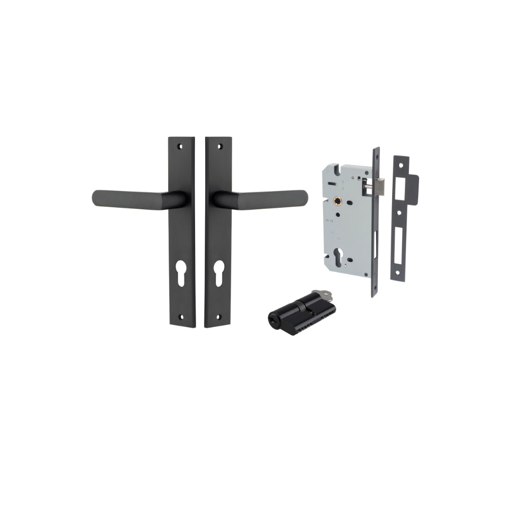 Door Lever Osaka Rectangular Euro Pair Matt Black CTC85mm H240xW38xP55mm Entrance Kit, Mortice Lock Euro Matt Black CTC85mm Backset 60mm, Euro Cylinder Dual Function 5 Pin Matt Black L65mm KA1 in Matt Black