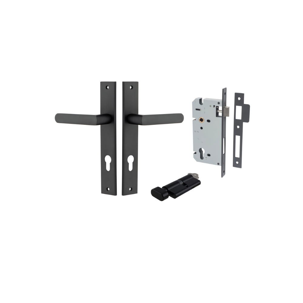 Door Lever Osaka Rectangular Euro Pair Matt Black CTC85mm H240xW38xP55mm Entrance Kit, Mortice Lock Euro Matt Black CTC85mm Backset 60mm, Euro Cylinder Key Thumb 6 Pin Matt Black L70mm KA1 in Matt Black