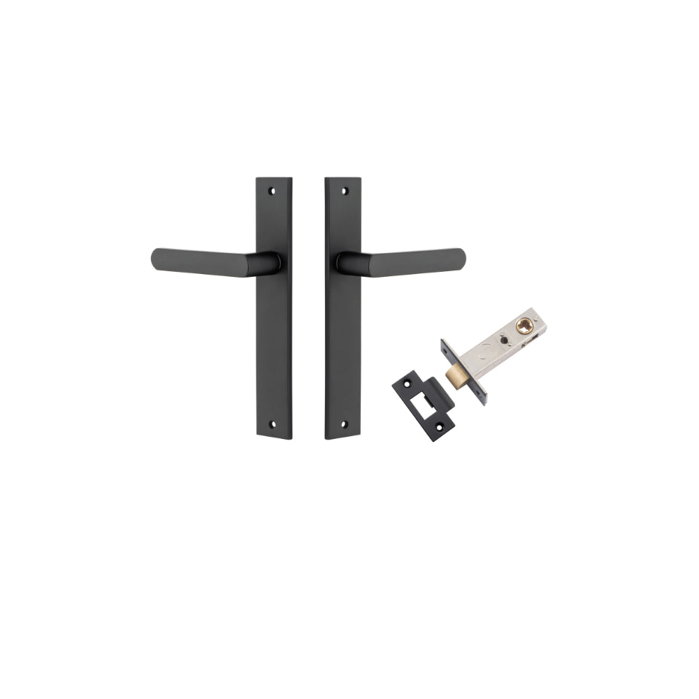 Door Lever Osaka Rectangular Latch Pair Matt Black H240xW38xP55mm Passage Kit, Tube Latch Split Cam 'T' Striker Matt Black Backset 60mm in Matt Black
