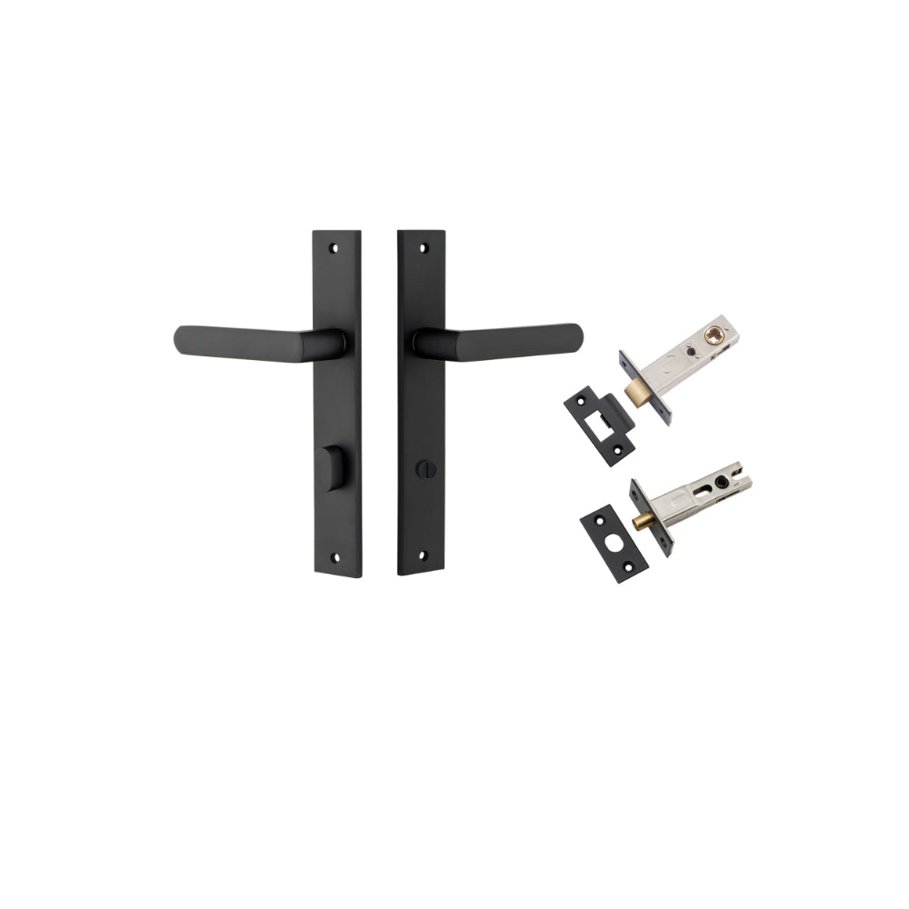 Door Lever Osaka Rectangular Privacy Pair Matt Black CTC85mm H240xW38xP55mm Privacy Kit, Tube Latch Split Cam 'T' Striker Matt Black Backset 60mm, Privacy Bolt Round Bolt Matt Black Backset 60mm in Matt Black