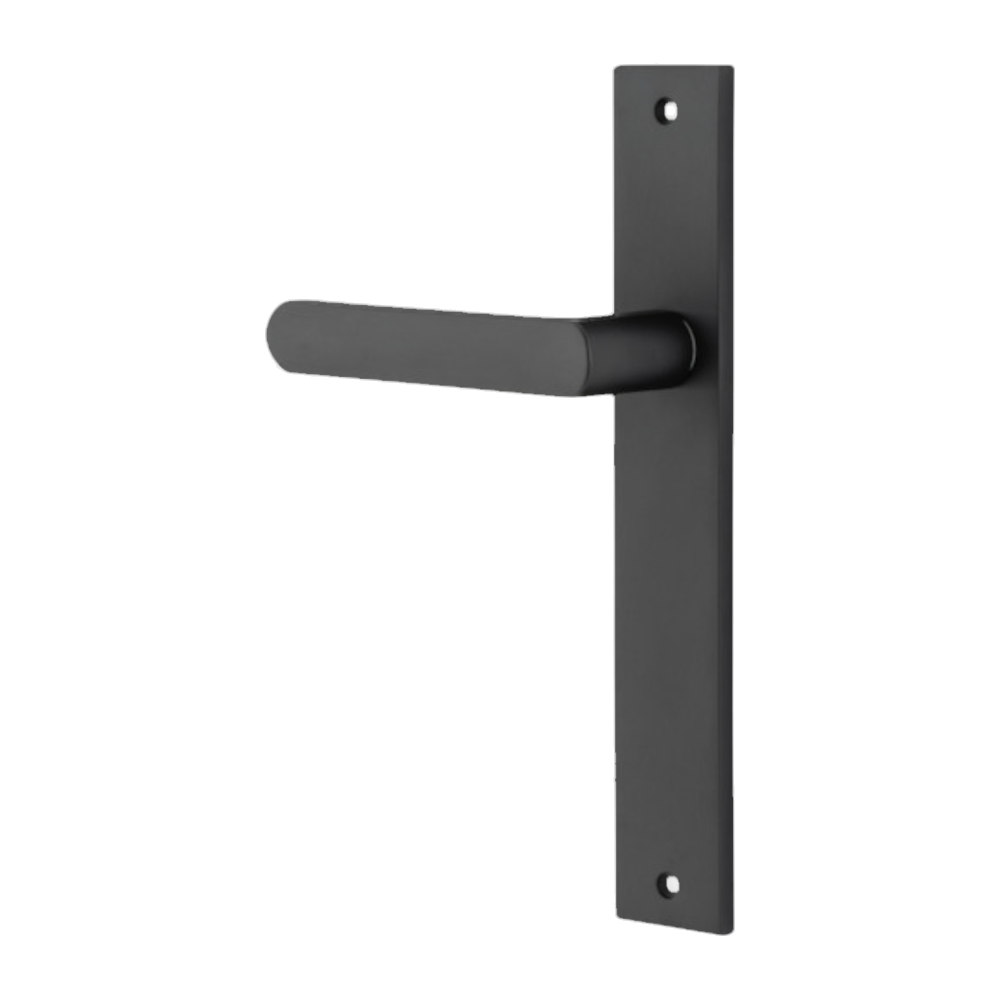 Door Lever Osaka Rectangular Latch Left Hand Fixed Matt Black L120xP52mm BPH240xW38mm in Matt Black