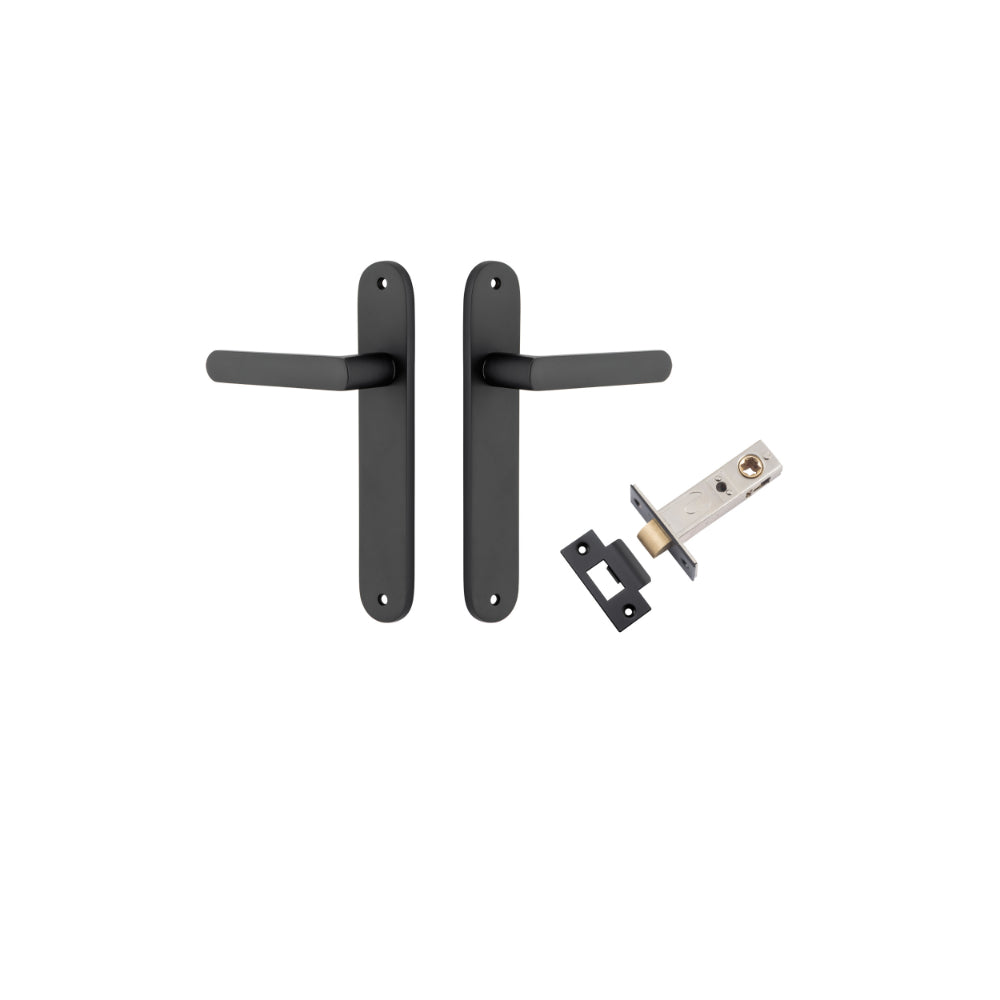 Door Lever Osaka Oval Latch Pair Matt Black H240xW40xP55mm Passage Kit Tube Latch Split Cam 'T' Striker Matt Black Backset 60mm in Matt Black