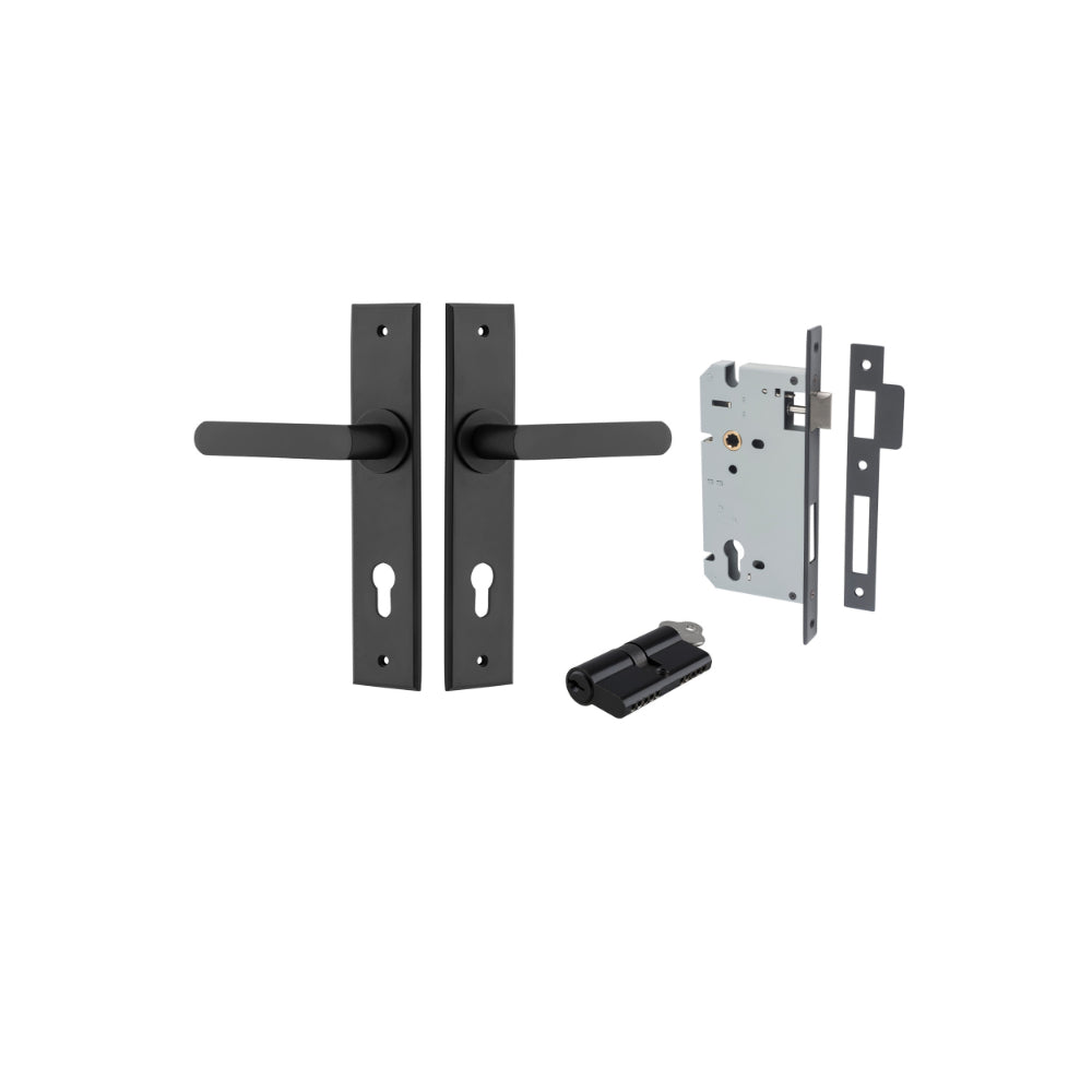 Door Lever Osaka Chamfered Euro Pair Matt Black CTC85mm L120xP54mm BPH240xW50mm Mortice Lock Euro Matt Black CTC85mm Backset 60mm, Euro Cylinder Dual Function 5 Pin Matt Black 65mm KA4 in Matt Black