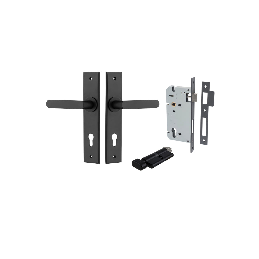 Door Lever Osaka Chamfered Euro Pair Matt Black CTC85mm L120xP54mm BPH240xW50mm Mortice Lock Euro Matt Black CTC85mm Backset 60mm, Euro Cylinder Key Thumb 5 Pin Matt Black 65mm KA4 in Matt Black