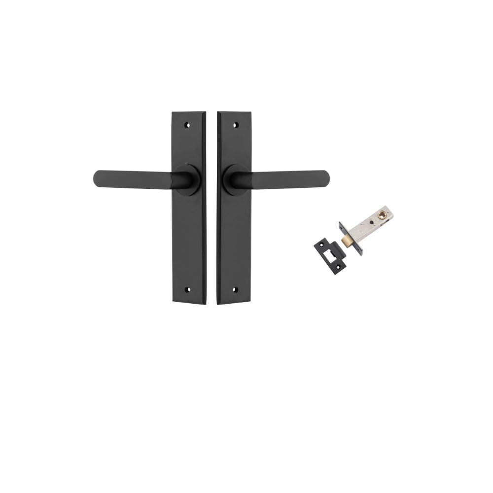 Door Lever Osaka Chamfered Matt Black L120xP54mm BPH240xW50mm Passage Kit Tube Latch Split Cam 'T' Striker Matt Black Backset 60mm in Matt Black