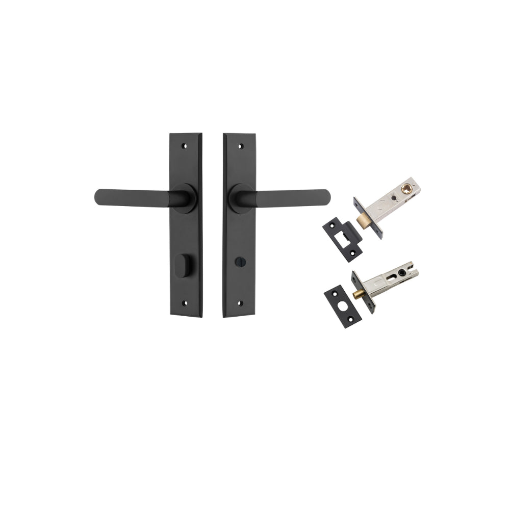 Door Lever Osaka Chamfered Privacy Matt Black CTC85mm L120xP54mm BPH240xW50mm Privacy Kit Tube Latch Split Cam 'T' Striker Matt Black Backset 60mm, Privacy Bolt Round Bolt Matt Black Backset 60mm in Matt Black