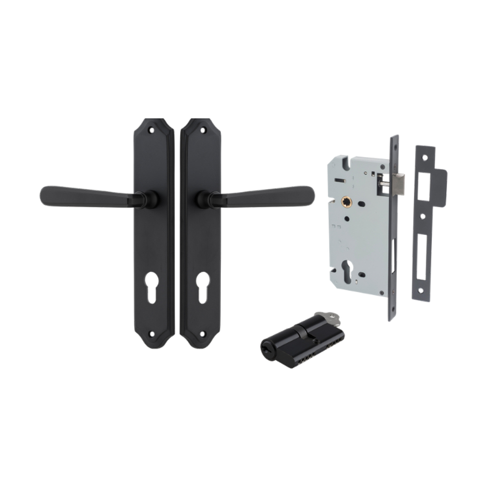 Door Lever Copenhagen Shouldered Euro Pair Matt Black CTC85mm H250xW48xP61mm Entrance Kit Mortice Lock Euro Matt Black CTC85mm Backset 60mm, Euro Cylinder Dual Function 5 Pin Matt Black L65mm KA1 in Matt Black