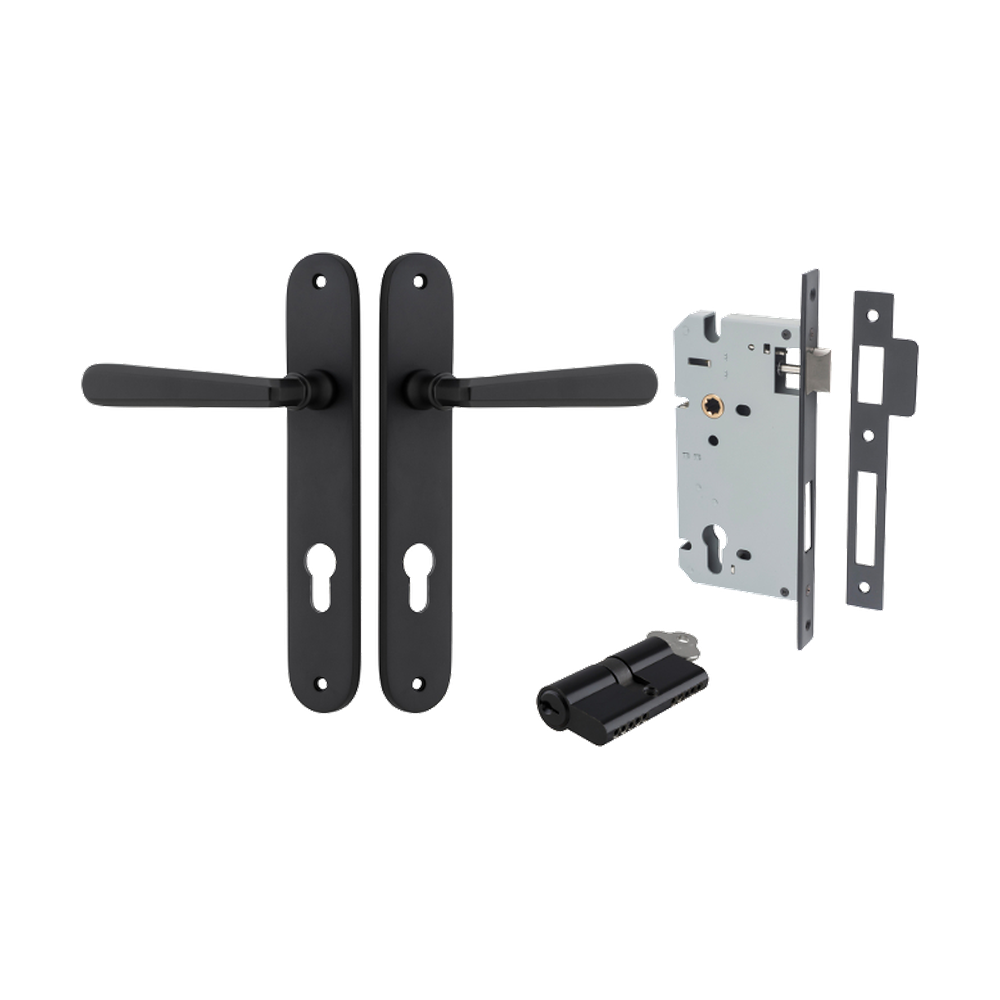 Door Lever Copenhagen Oval Euro Pair Matt Black CTC85mm H240xW40xP61mm Entrance Kit Mortice Lock Euro Matt Black CTC85mm Backset 60mm, Euro Cylinder Dual Function 5 Pin Matt Black L65mm KA1 in Matt Black