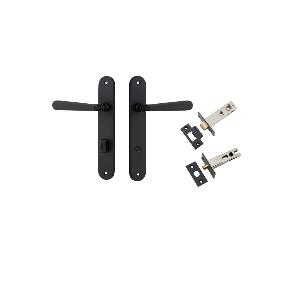 Door Lever Copenhagen Oval Privacy Pair Matt Black CTC85mm H240xW40xP61mm Inbuilt Privacy Kit Tube Latch Split Cam 'T' Striker Matt Black Backset 60mm, Privacy Bolt Round Bolt Matt Black Backset 60mm in Matt Black