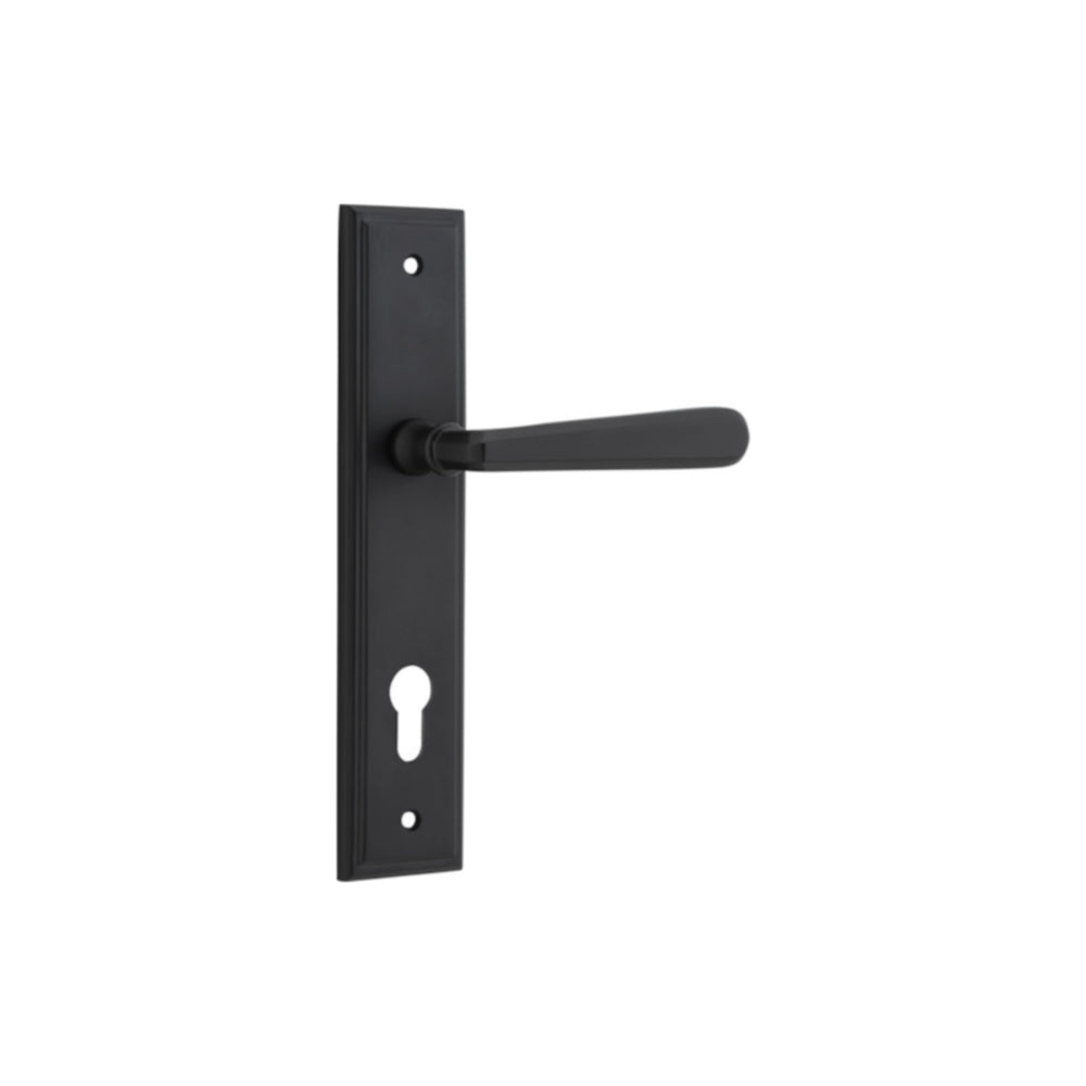 Door Lever Copenhagen Stepped Euro Pair Matt Black CTC85mm H237xW50xP61mm in Matt Black