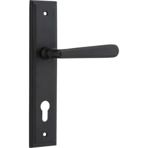 Door Lever Copenhagen Stepped Euro Pair Matt Black CTC85mm H237xW50xP61mm in Matt Black