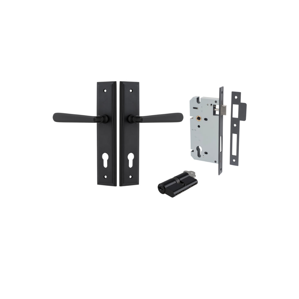 Door Lever Copenhagen Stepped Euro Pair Matt Black CTC85mm H237xW50xP61mm Entrance Kit Mortice Lock Euro Matt Black CTC85mm Backset 60mm, Euro Cylinder Dual Function 5 Pin Matt Black L65mm KA1 in Matt Black