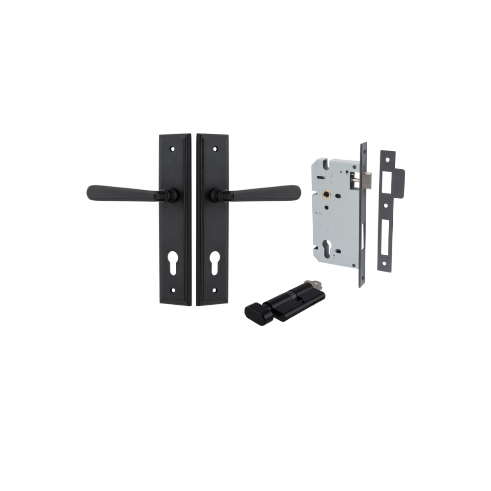 Door Lever Copenhagen Stepped Euro Pair Matt Black CTC85mm H237xW50xP61mm Entrance Kit Mortice Lock Euro Matt Black CTC85mm Backset 60mm, Euro Cylinder Key Thumb 6 Pin Matt Black L70mm KA1 in Matt Black