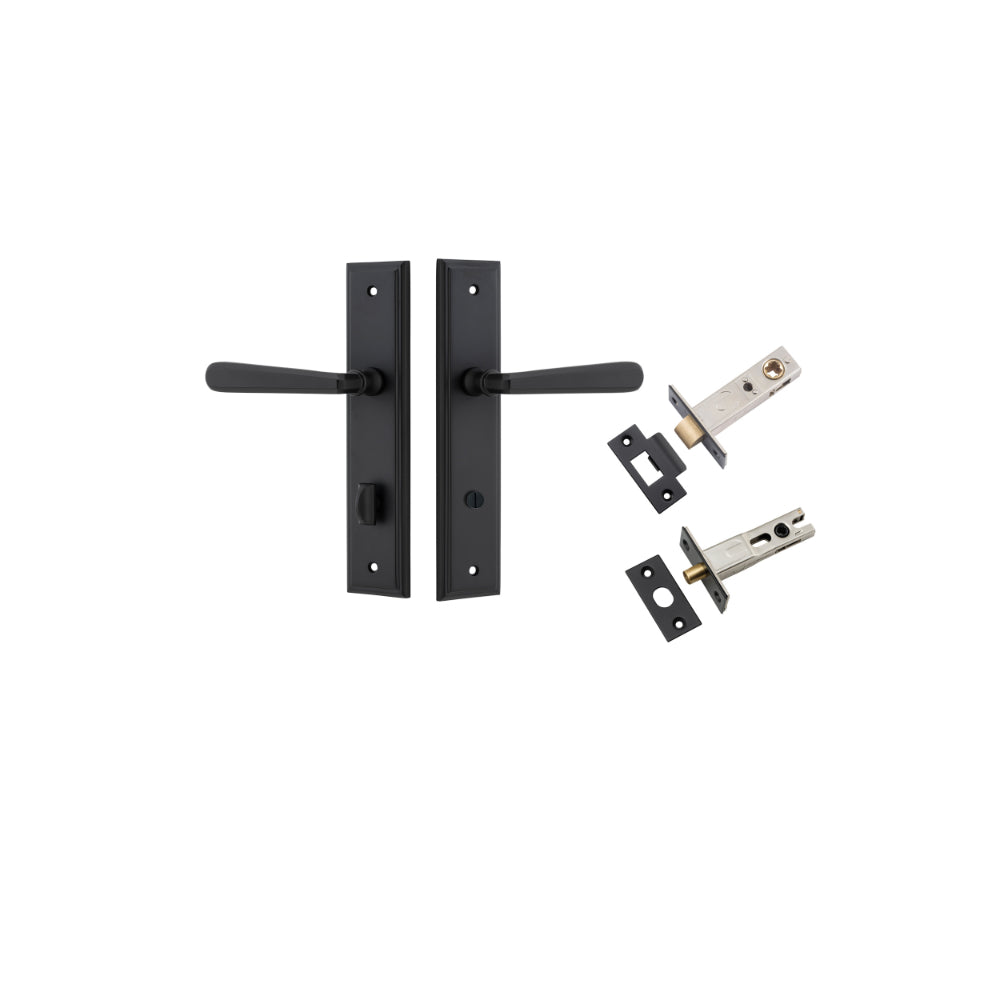 Door Lever Copenhagen Stepped Privacy Pair Matt Black CTC85mm H237xW50xP61mm Inbuilt Privacy Kit Tube Latch Split Cam 'T' Striker Matt Black Backset 60mm, Privacy Bolt Round Bolt Matt Black Backset 60mm in Matt Black