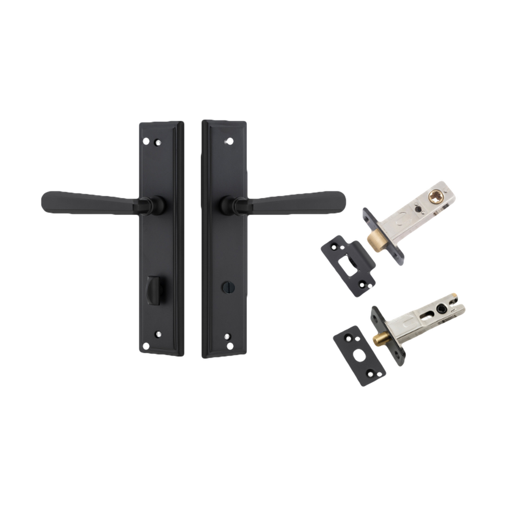 Pair of Iver Copenhagen lever handles on stepped backplates, architectural hardware with modern design, shown in close-up.
