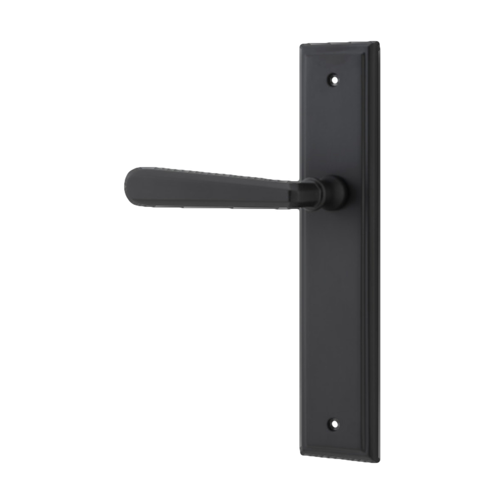 Pair of Iver Copenhagen lever handles on stepped backplates, featuring sleek architectural hardware design in a modern finish.