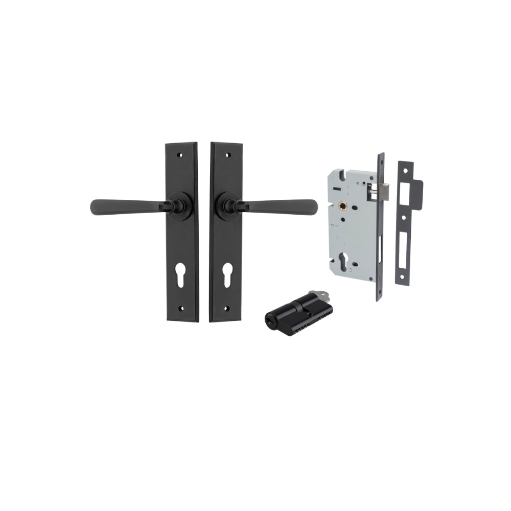 Door Lever Copenhagen Chamfered Euro Pair Matt Black CTC85mm L120xP59mm BPH240xW50mm Mortice Lock Euro Matt Black CTC85mm Backset 60mm, Euro Cylinder Dual Function 5 Pin Matt Black 65mm KA4 in Matt Black