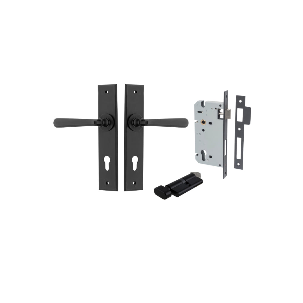 Door Lever Copenhagen Chamfered Euro Pair Matt Black CTC85mm L120xP59mm BPH240xW50mm Mortice Lock Euro Matt Black CTC85mm Backset 60mm, Euro Cylinder Key Thumb 5 Pin Matt Black 65mm KA4 in Matt Black