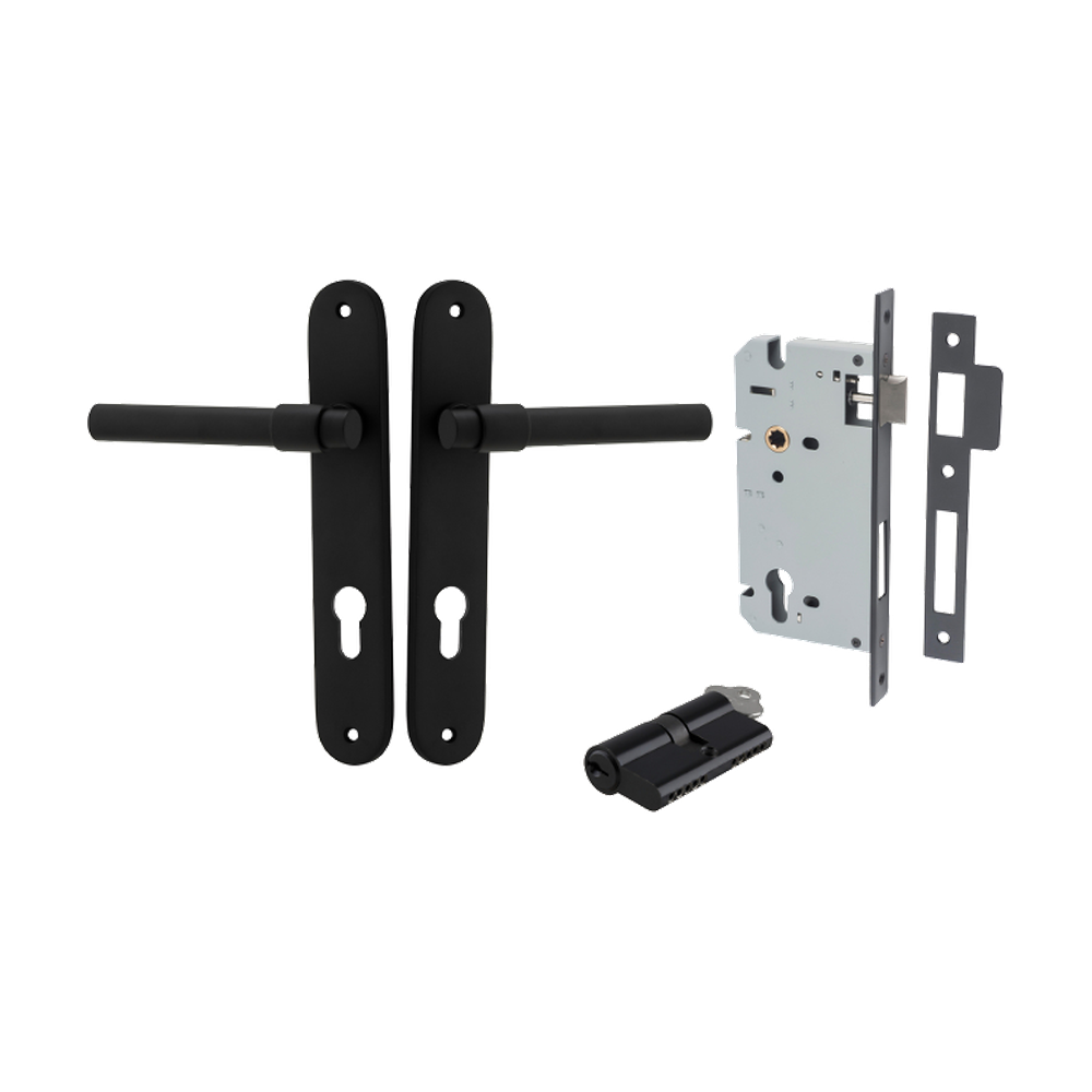 Door Lever Helsinki Oval Euro Pair Matt Black CTC85mm H240xW40xP44mm Entrance Kit Mortice Lock Euro Matt Black CTC85mm Backset 60mm, Euro Cylinder Dual Function 5 Pin Matt Black L65mm KA1 in Matt Black