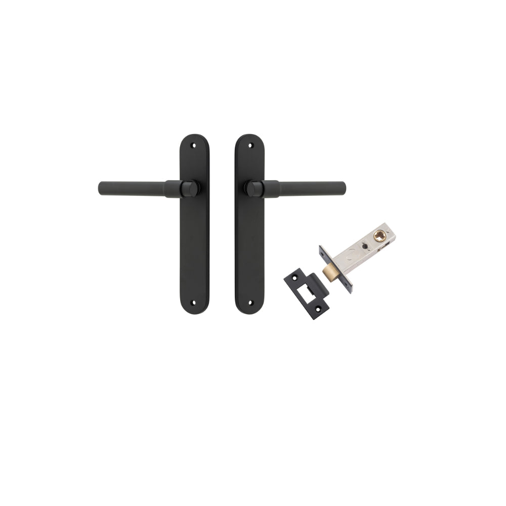 Door Lever Helsinki Oval Latch Pair Matt Black H240xW40xP44mm Passage Kit Tube Latch Split Cam 'T' Striker Matt Black Backset 60mm in Matt Black