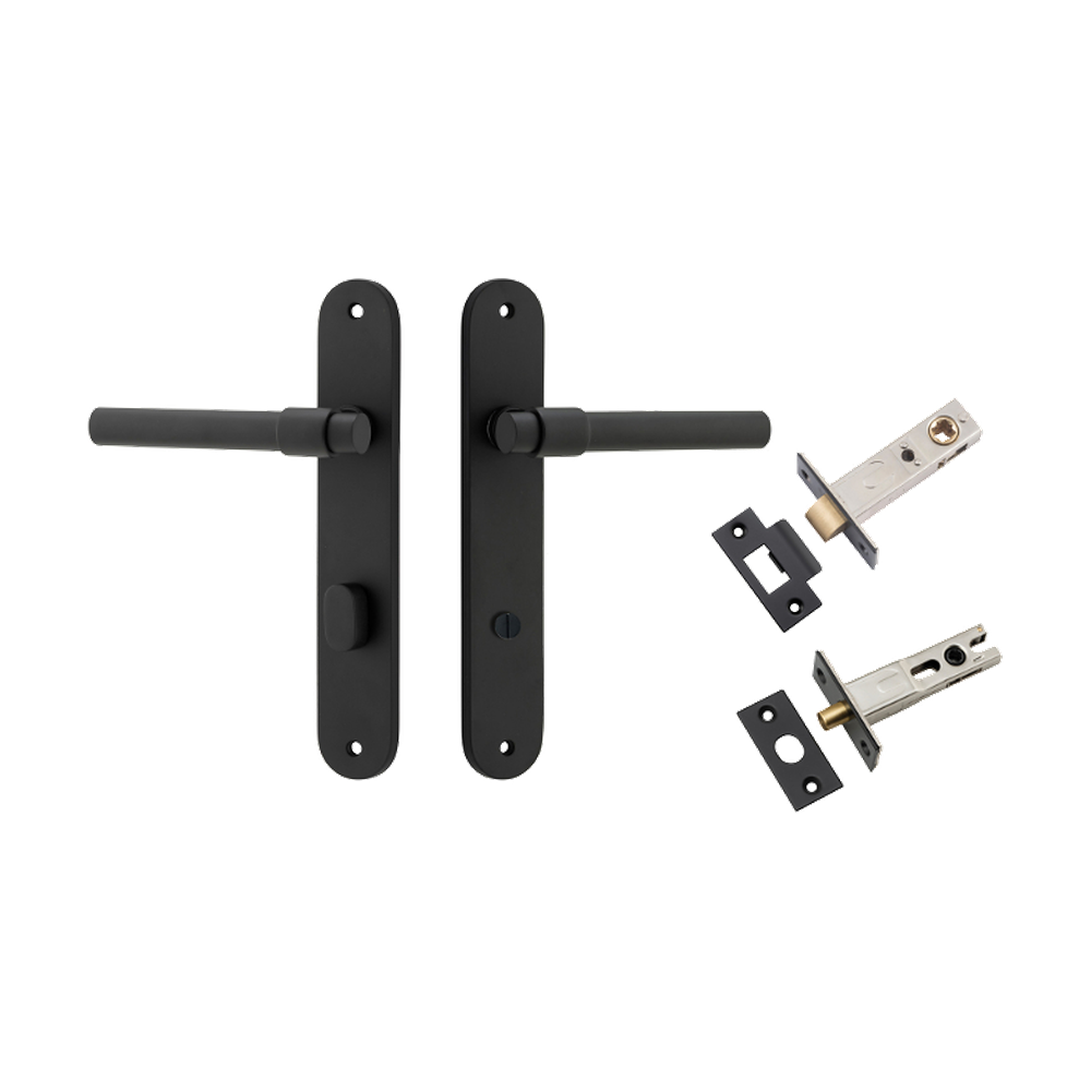 Door Lever Helsinki Oval Privacy Pair Matt Black CTC85mm H240xW40xP44mm Privacy Kit Tube Latch Split Cam 'T' Striker Matt Black Backset 60mm, Privacy Bolt Round Bolt Matt Black Backset 60mm in Matt Black