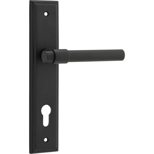 Pair of Iver Helsinki lever door handles on stepped backplate, showcasing modern brushed metal finish and sleek design.