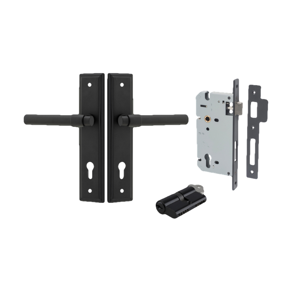 Door Lever Helsinki Stepped Euro Pair Matt Black CTC85mm H237xW50xP44mm Entrance Kit Mortice Lock Euro Matt Black CTC85mm Backset 60mm, Euro Cylinder Dual Function 5 Pin Matt Black L65mm KA1 in Matt Black