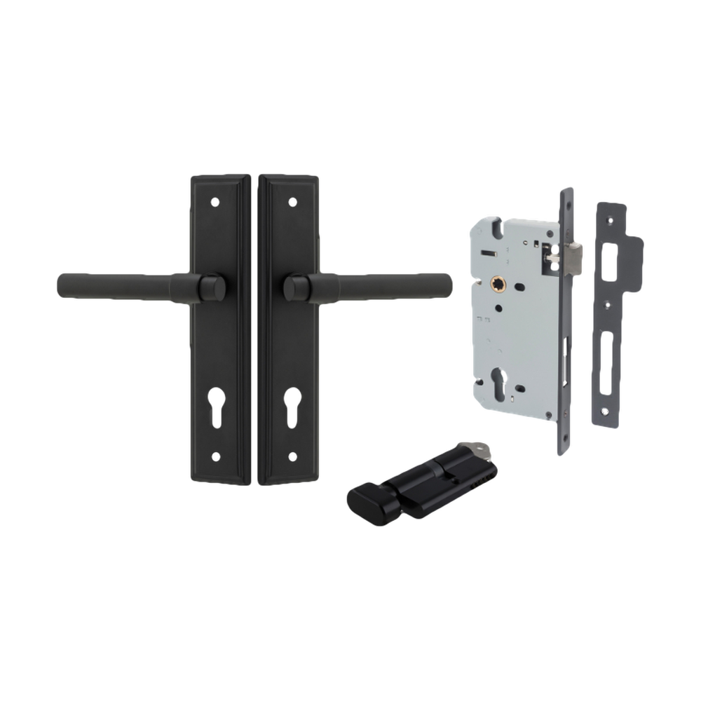 Door Lever Helsinki Stepped Euro Pair Matt Black CTC85mm H237xW50xP44mm Entrance Kit Mortice Lock Euro Matt Black CTC85mm Backset 60mm, Euro Cylinder Key Thumb 6 Pin Matt Black L70mm KA1 in Matt Black