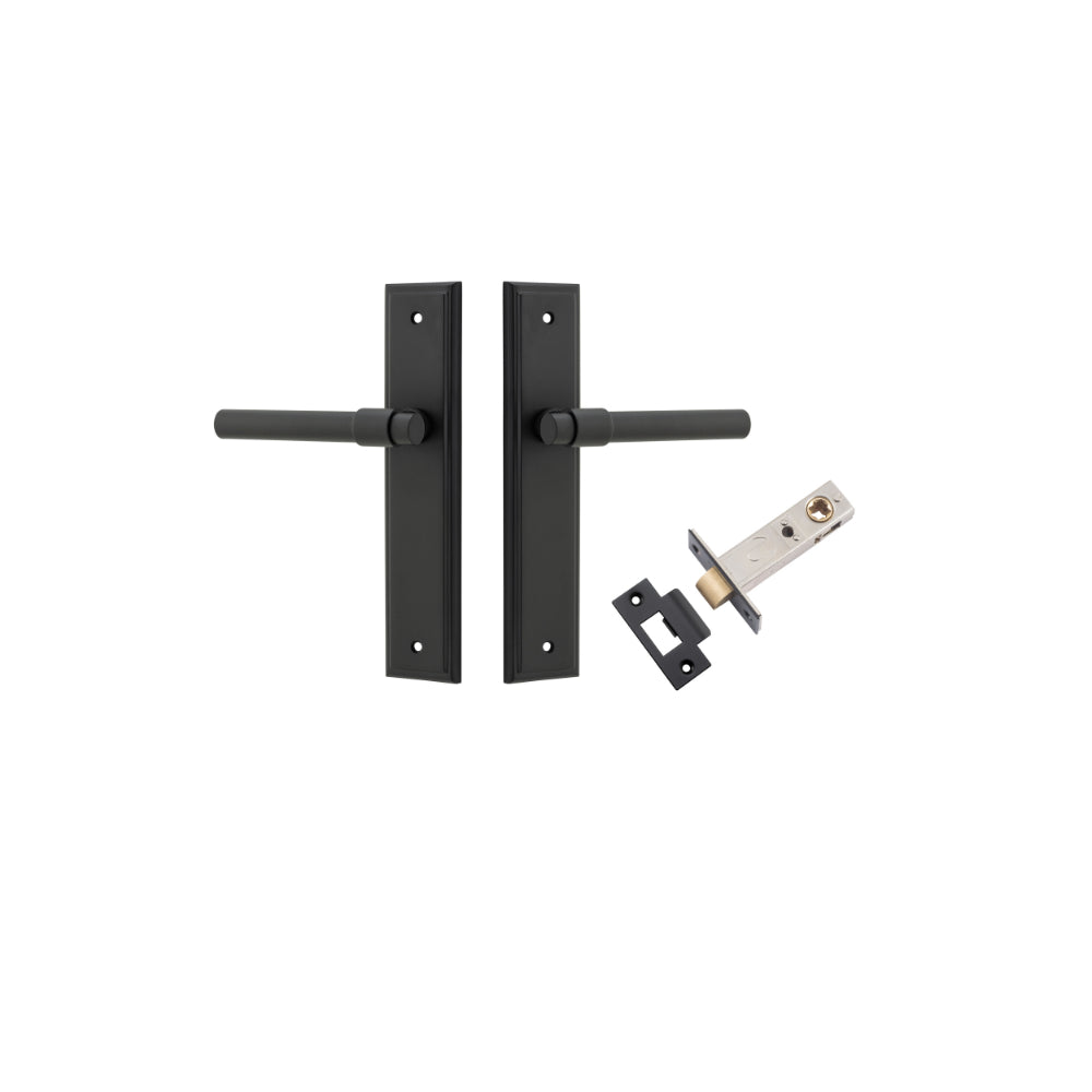 Door Lever Helsinki Stepped Latch Pair Matt Black H237xW50xP44mm Passage Kit Tube Latch Split Cam 'T' Striker Matt Black Backset 60mm in Matt Black