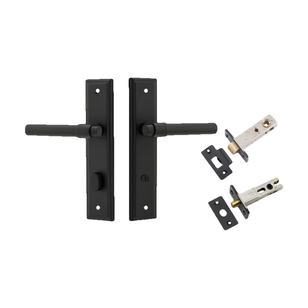 Door Lever Helsinki Stepped Privacy Pair Matt Black CTC85mm H237xW50xP44mm Privacy Kit Tube Latch Split Cam 'T' Striker Matt Black Backset 60mm, Privacy Bolt Round Bolt Matt Black Backset 60mm in Matt Black