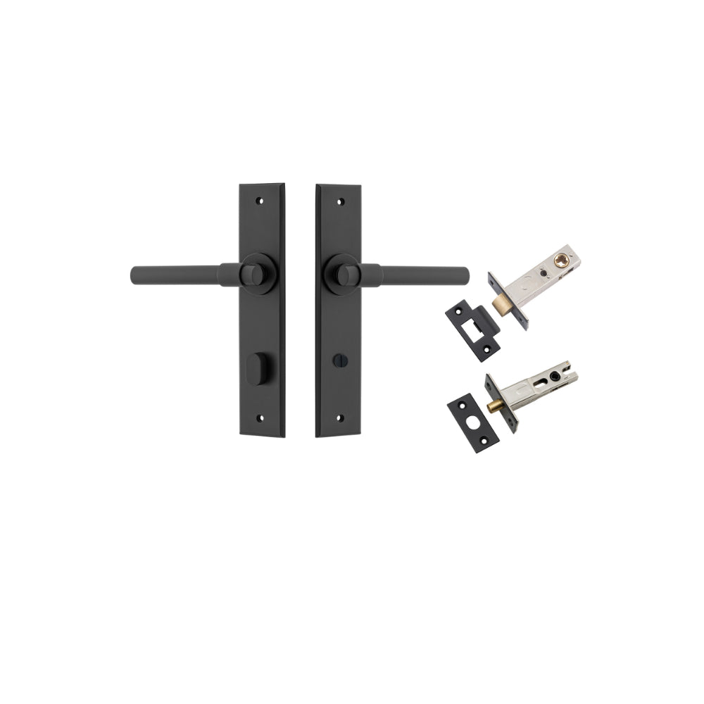 Door Lever Helsinki Chamfered Privacy Matt Black CTC85mm L137xP60mm BPH240xW50mm Privacy Kit Tube Latch Split Cam 'T' Striker Matt Black Backset 60mm, Privacy Bolt Round Bolt Matt Black Backset 60mm in Matt Black
