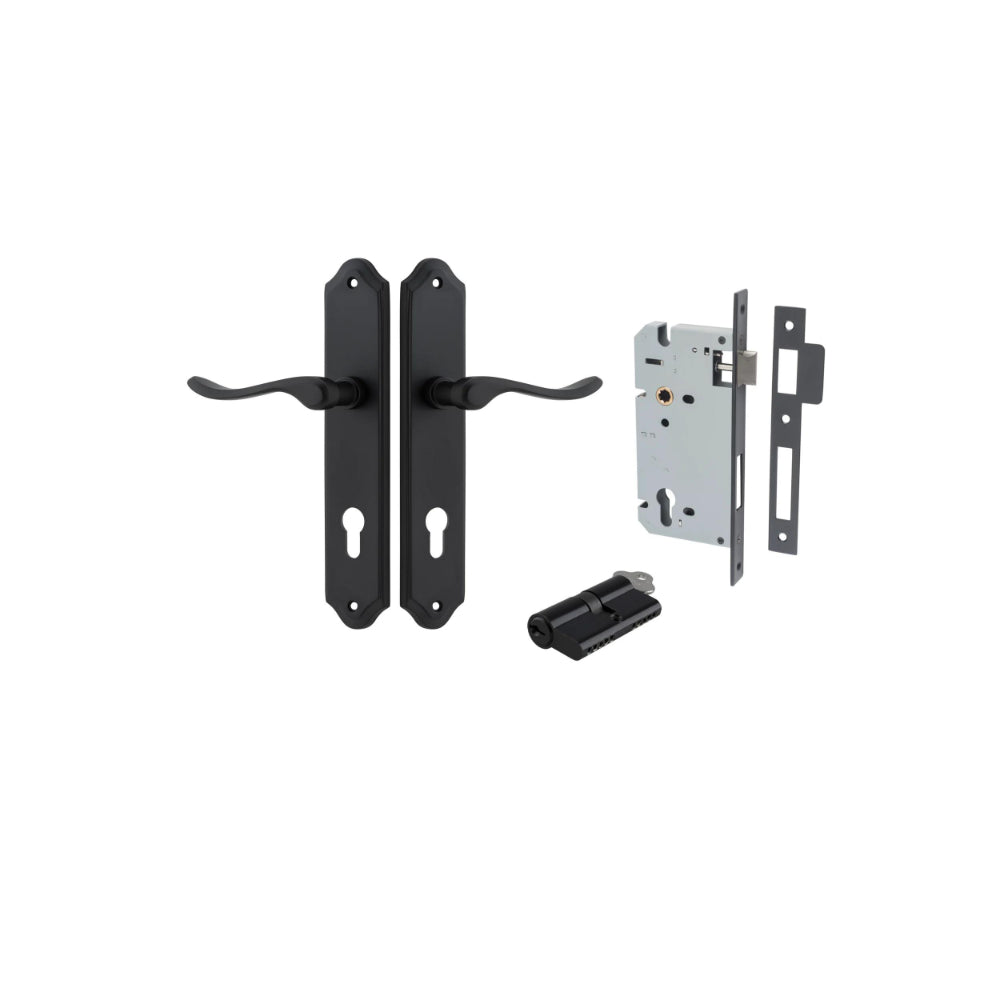 Door Lever Stirling Shouldered Euro Pair Matt Black CTC85mm H250xW48xP64mm Entrance Kit Mortice Lock Euro Matt Black CTC85mm Backset 60mm, Euro Cylinder Dual Function 5 Pin Matt Black L65mm KA1 in Matt Black