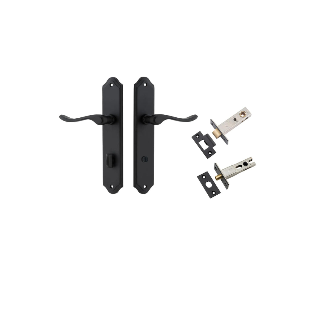 Door Lever Stirling Shouldered Privacy Pair Matt Black CTC85mm H250xW48xP64mm Privacy Kit Tube Latch Split Cam 'T' Striker Matt Black Backset 60mm, Privacy Bolt Round Bolt Matt Black Backset 60mm in Matt Black