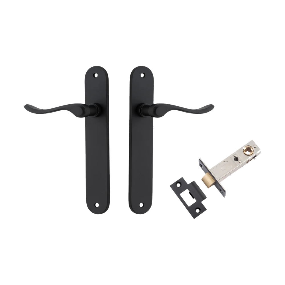 Door Lever Stirling Oval Latch Pair Matt Black H240xW40xP64mm Passage Kit Tube Latch Split Cam 'T' Striker Matt Black Backset 60mm in Matt Black