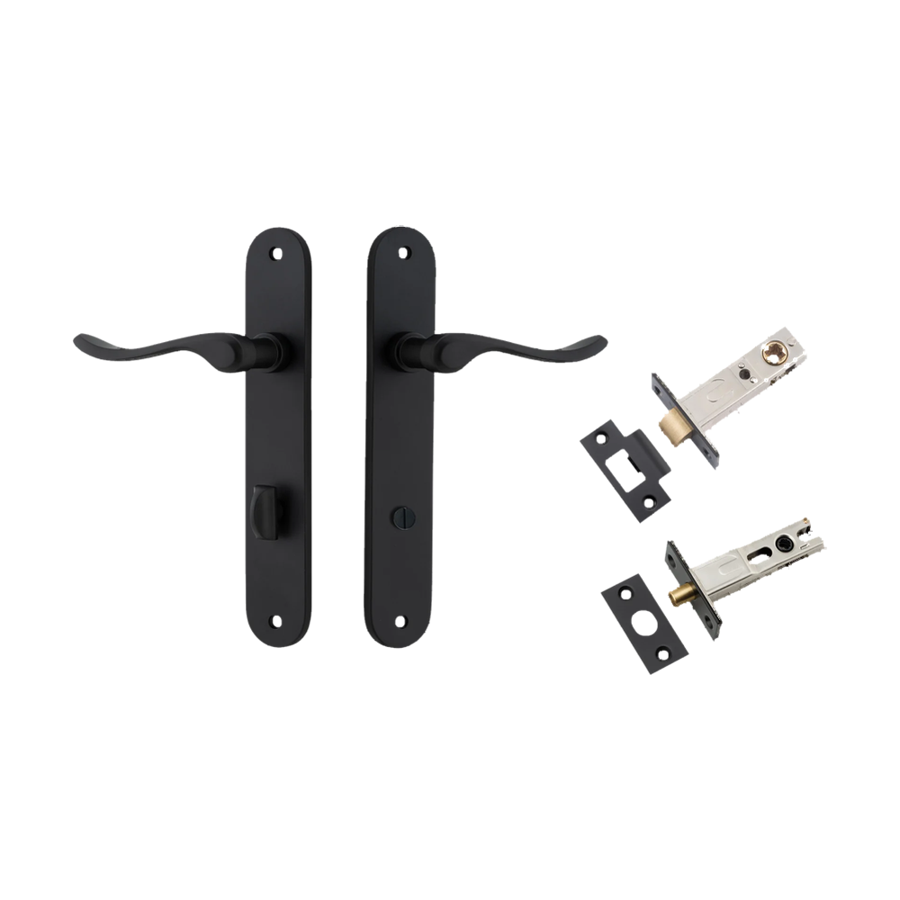 Door Lever Stirling Oval Privacy Pair Matt Black CTC85mm H240xW40xP64mm Privacy Kit Tube Latch Split Cam 'T' Striker Matt Black Backset 60mm, Privacy Bolt Round Bolt Matt Black Backset 60mm in Matt Black