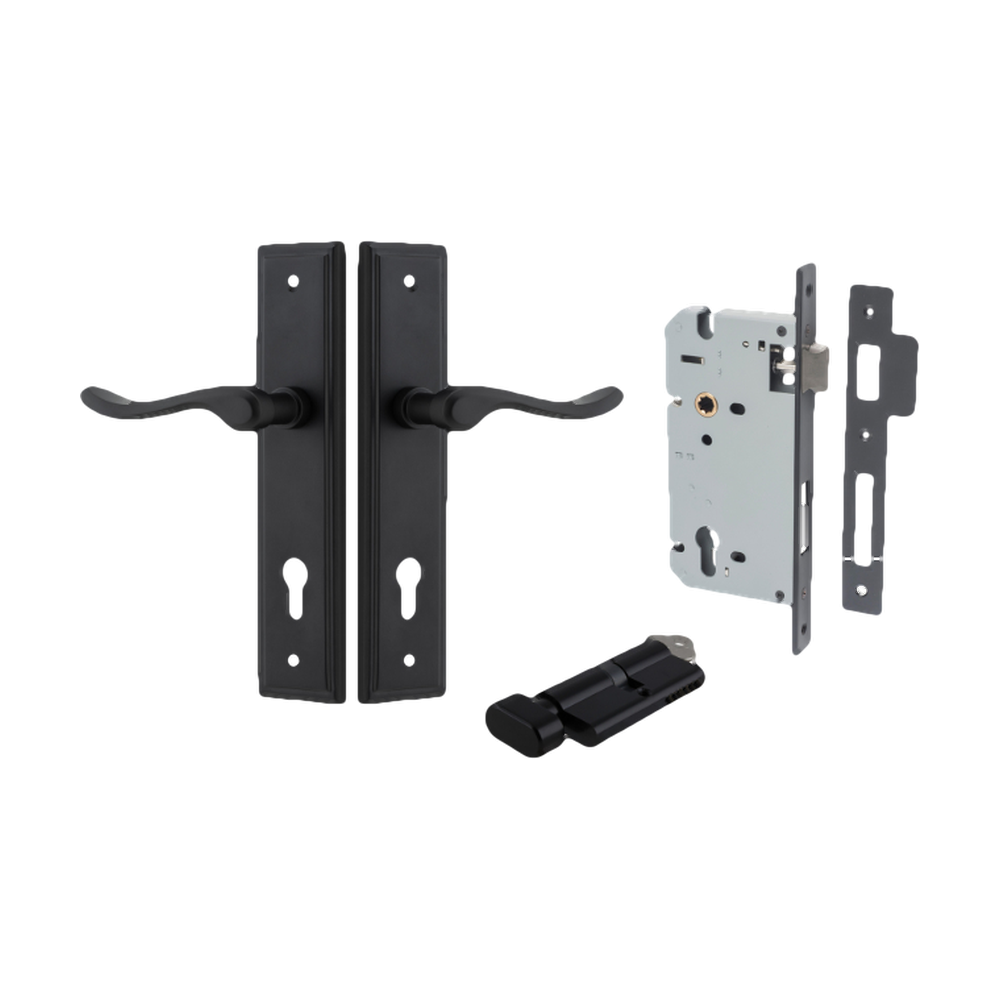 Door Lever Stirling Stepped Euro Pair Matt Black CTC85mm H237xW50xP64mm Entrance Kit Mortice Lock Euro Matt Black CTC85mm Backset 60mm, Euro Cylinder Key Thumb 6 Pin Matt Black L70mm KA1 in Matt Black
