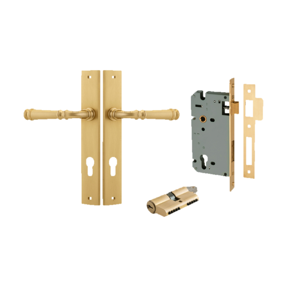 Door Lever Verona Rectangular Euro Brushed Brass CTC85mm H240xW38xP59mm Entrance Kit, Mortice Lock Euro Brushed Brass CTC85mm Backset 60mm, Euro Cylinder Dual Function 5 Pin Brushed Brass L65mm KA1 in Brushed Brass