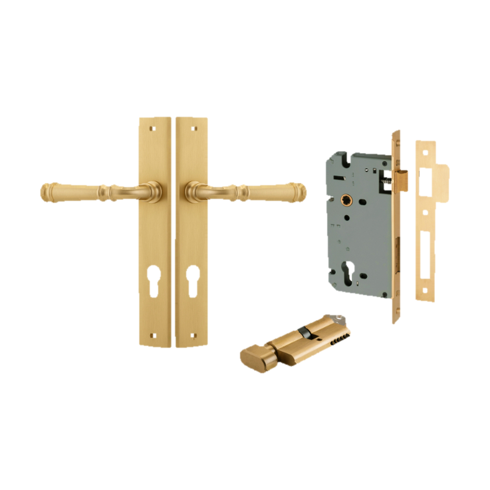 Door Lever Verona Rectangular Euro Brushed Brass CTC85mm H240xW38xP59mm Entrance Kit, Mortice Lock Euro Brushed Brass CTC85mm Backset 60mm, Euro Cylinder Key Thumb 6 Pin Brushed Brass L70mm KA1 in Brushed Brass