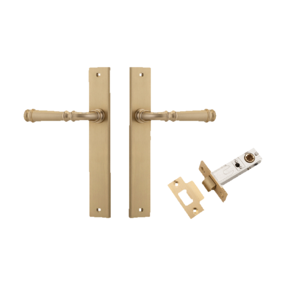 Door Lever Verona Rectangular Latch Brushed Brass H240xW38xP59mm Passage Kit, Tube Latch Split Cam 'T' Striker Brushed Brass Backset 60mm in Brushed Brass