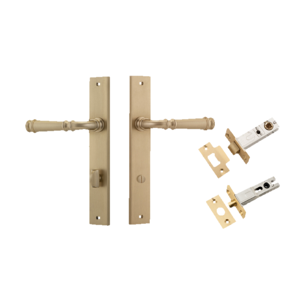Door Lever Verona Rectangular Privacy Brushed Brass CTC85mm H240xW38xP59mm Inbuilt Privacy Kit, Tube Latch Split Cam 'T' Striker Brushed Brass Backset 60mm, Privacy Bolt Round Bolt Brushed Brass Backset 60mm in Brushed Brass