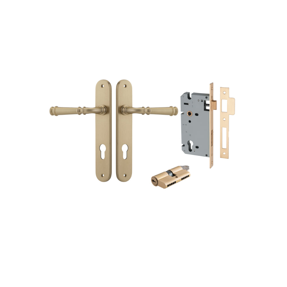 Door Lever Verona Oval Euro Brushed Brass CTC85mm H240xW40xP59mm Entrance Kit Mortice Lock Euro Brushed Brass CTC85mm Backset 60mm, Euro Cylinder Dual Function 5 Pin Brushed Brass L65mm KA1 in Brushed Brass