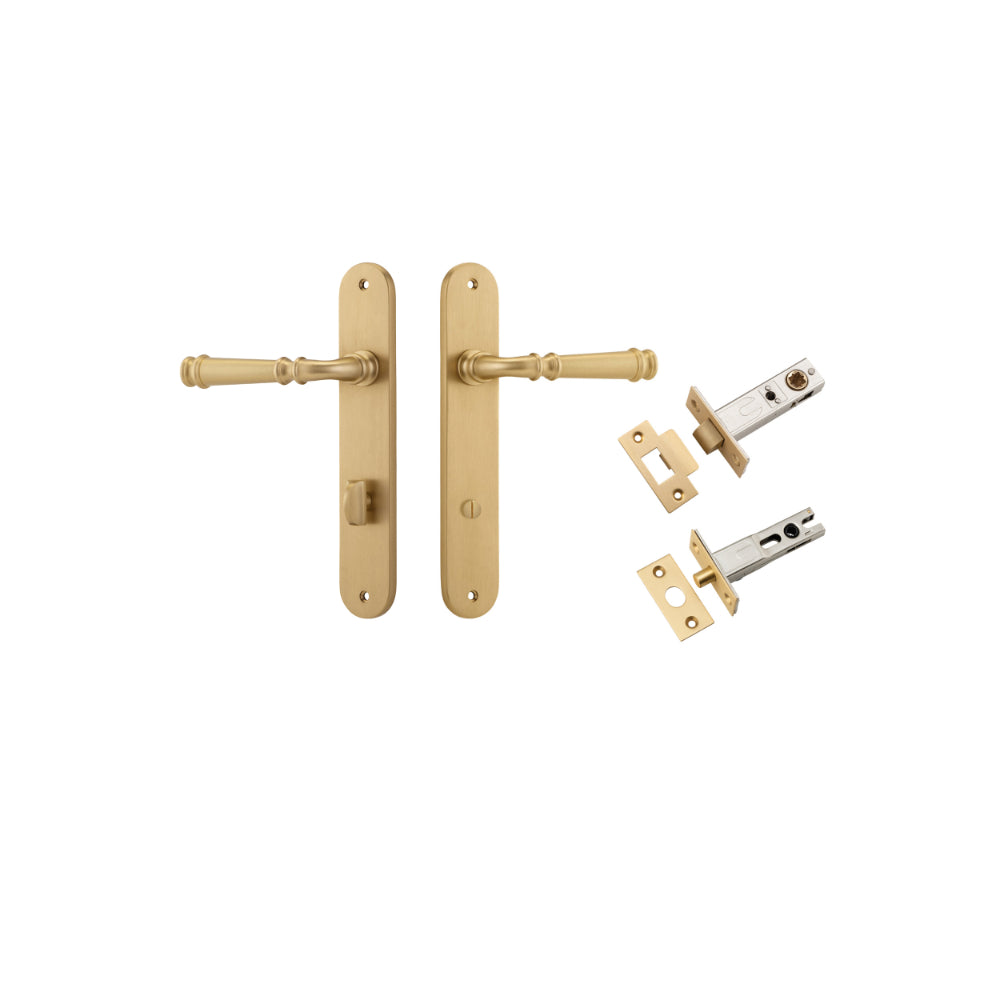 Door Lever Verona Oval Privacy Brushed Brass CTC85mm H240xW40xP59mm Inbuilt Privacy Kit Tube Latch Split Cam 'T' Striker Brushed Brass Backset 60mm, Privacy Bolt Round Bolt Brushed Brass Backset 60mm in Brushed Brass