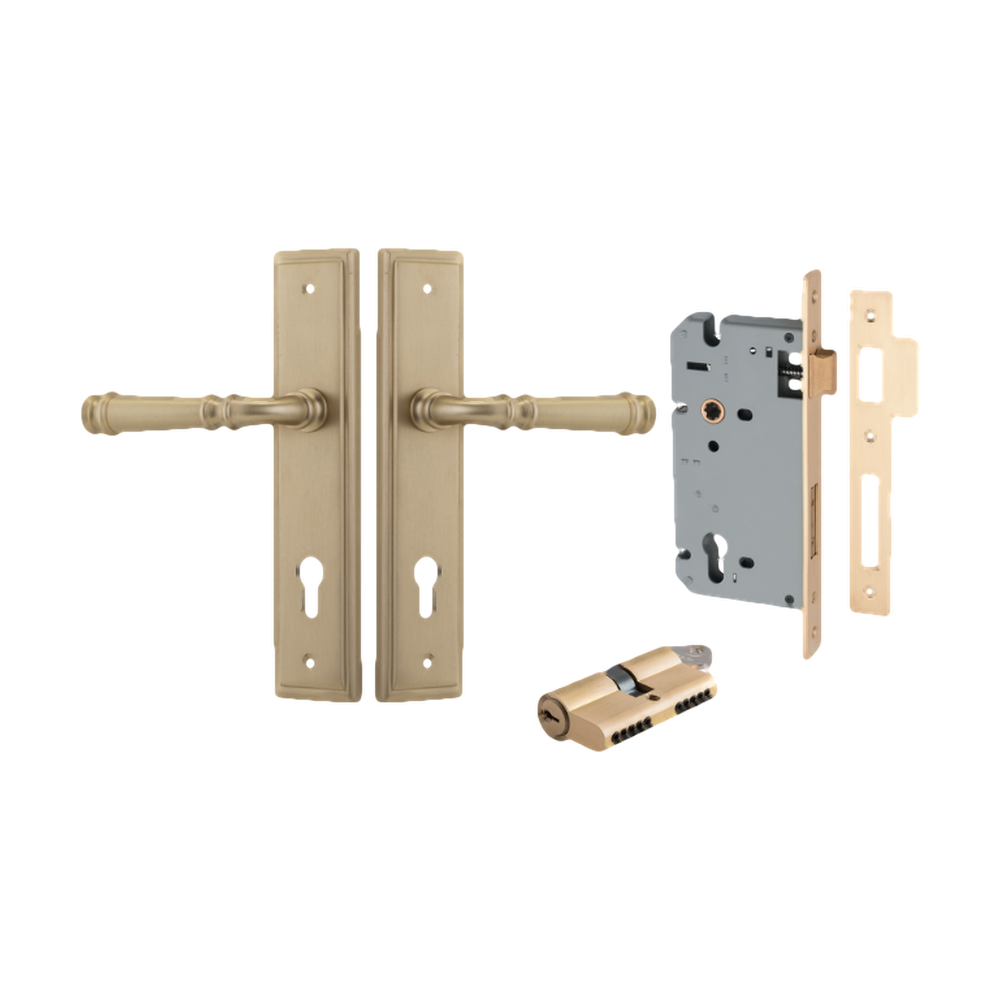 Pair of Iver Verona lever handles on stepped backplates, modern architectural hardware for doors.